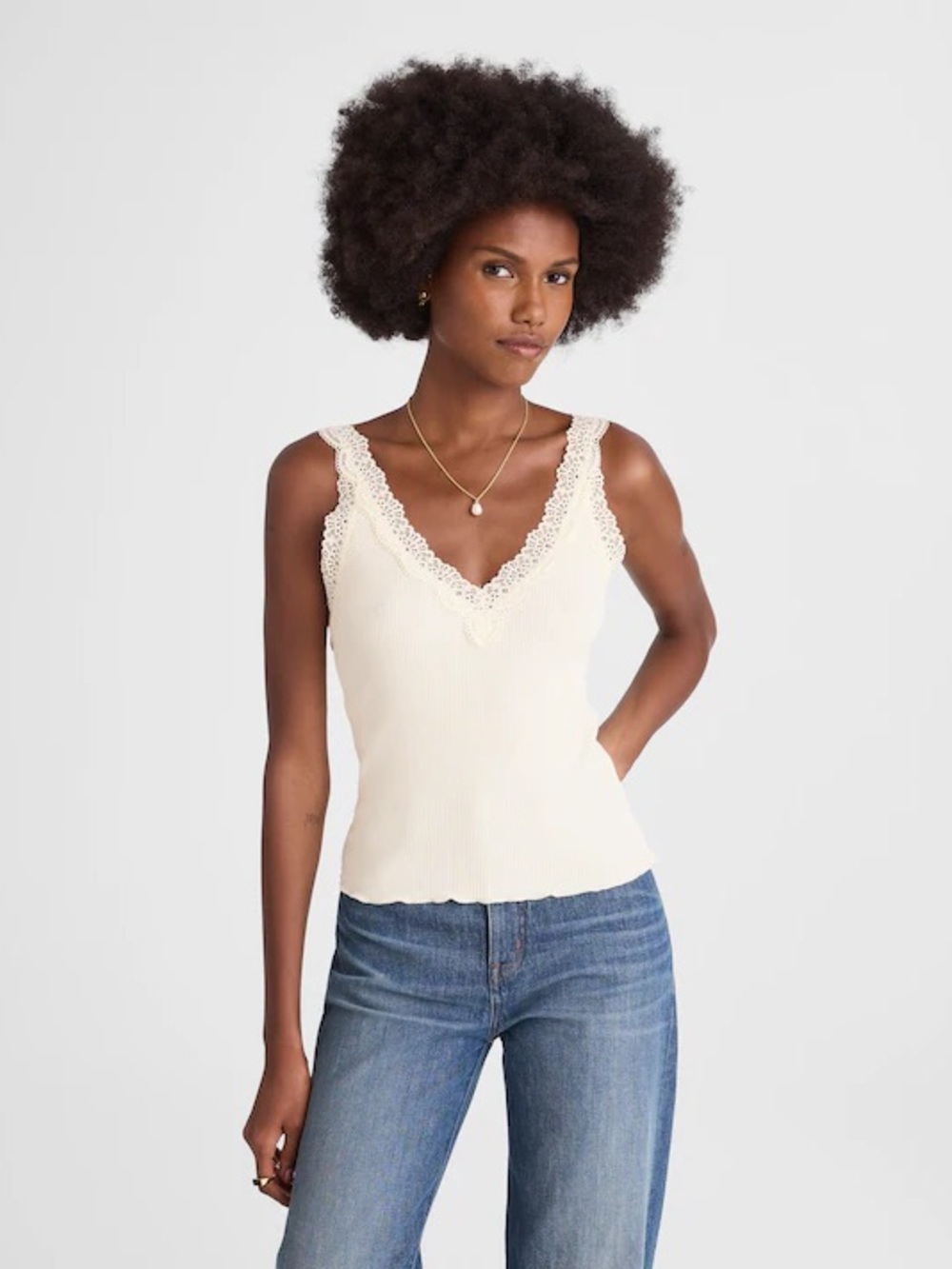 Madewell Lace-Trim V-Neck Tank in vintage ivory cream